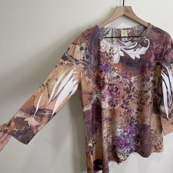 Jess & Jane Top Womens XL Beige Floral Colorful Artsy Boho Asymmetric Comfy USA - Picture 4 of 15
